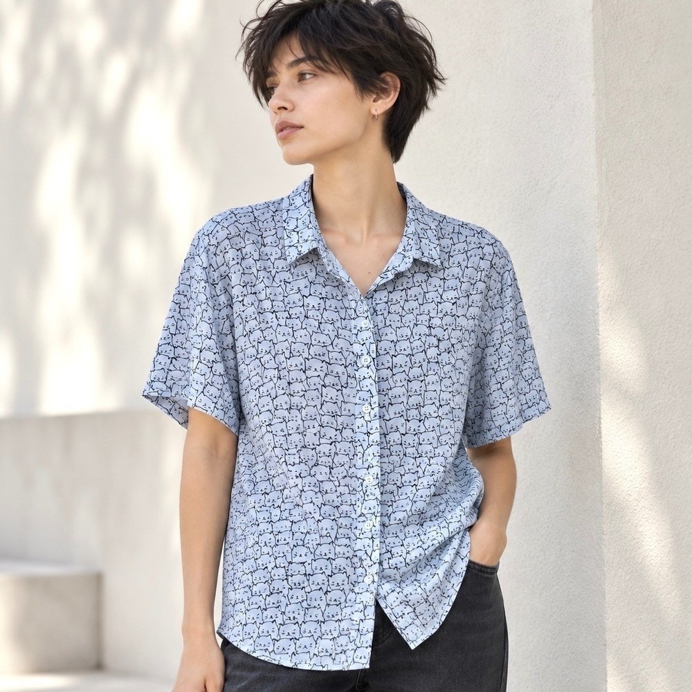 WILDFANG XL Cat Print Button Up Shirt Blue Unisex Androgynous Catcore Twee Artsy